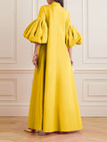 Momentlover Loose Flower Shape Solid Color Stand Collar Lantern Sleeves Maxi Dresses