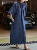 Momentlover Solid Color Pleated Lace-Up Drawstring Short Sleeves Raglan Sleeve Round-Neck Midi Dresses