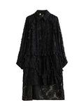 Momentlover Tasseled Split-side Split-Joint Solid Color Flower Print Buttoned Loose Long Sleeves Lapel Midi Dresses