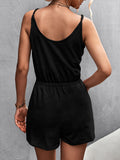 Momentlover Solid Color Pockets Drawstring Sleeveless Loose V-Neck Rompers