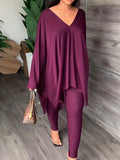 Momentlover Batwing Sleeves Loose Solid Color V-Back V-Neck Shirts Tops&Pants Two Pieces Set