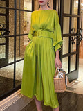 Momentlover Solid Color Belted Loose High Waisted Boat Neck Midi Dresses