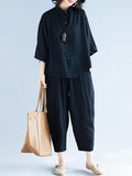 Momentlover Two-Pieces Black Loose Shirt And Ninth Pants Suit