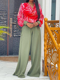 Momentlover Long Sleeves Heaps Collar Printed Shirts Top + High Waisted Pants Bottom Two Pieces Set