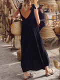 Momentlover Solid Color Sleeveless Loose V-Neck Midi Dresses