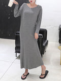 Momentlover Simple Modal Solid Color Round-Neck Long Sleeves Midi Dress