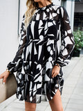 Momentlover Tied Split-Joint Printed Puff Sleeves Loose Mock Neck Mini Dresses