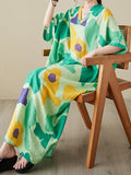 Momentlover Contrast Color Color-Block Raglan Sleeve Loose Round-Neck Maxi Dresses