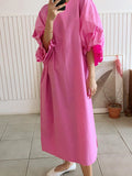 Momentlover Causal Plus Size Pleated Raglan Sleeve V-Neck Midi Dress