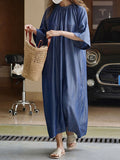 Momentlover Solid Color Pleated Lace-Up Drawstring Short Sleeves Raglan Sleeve Round-Neck Midi Dresses