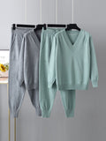 Momentlover Casual Loose Harem Pants Solid Color V-Neck Sweater Tops Pants Two Pieces Set