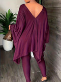 Momentlover Batwing Sleeves Loose Solid Color V-Back V-Neck Shirts Tops&Pants Two Pieces Set
