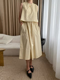 Momentlover Solid Color Loose Round-Neck Vest + High Waisted  Skirt Two Pieces Set