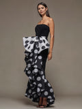 Momentlover Split-Joint Polka-Dot Pleated Bow-Embellished Sleeveless Skinny Tube Maxi Dresses