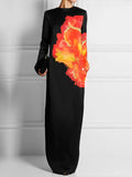 Momentlover Long Sleeves Loose Flower Print Round-Neck Maxi Dresses