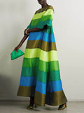 Momentlover Flared Sleeves Half Sleeves Backless Contrast Color Multi-Colored Striped Round-neck Maxi Dresses