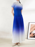 Momentlover Gradient Pleated Short Sleeves High-Neck T-shirt + Skirt Bottom Two Pieces Set