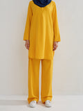 Momentlover Solid Color Long Sleeves Pockets Split-Side Round-Neck Shirts Top + Pants Bottom Two Pieces Set