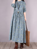 Momentlover Vintage Floral Printed Ramie Cotton Loose Midi Dress