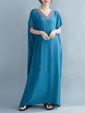 Momentlover Casual Artistic Retro Striped V-Neck Short Sleeves Maxi Dress