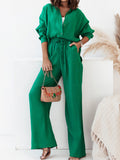 Momentlover Solid Color Long Sleeves Buttoned Pockets Lapel Shirts Top + Elasticity High Waisted Pants Bottom Two Pieces Set