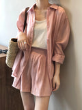 Momentlover Loose Solid Color Long Sleeves Blouse + Pleated Shorts Two Pieces Set
