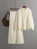Momentlover Urban Loose Solid Color Hooded High-Low Sweater Tops & Wide Leg Pants Two Pieces Set