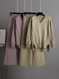 Momentlover Stylish Loose Long Sleeves Solid Color V-Neck Sweater Tops& Wide Leg Pants Two Pieces Set