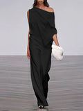 Momentlover Loose Solid Color Off-The-Shoulder Jumpsuits