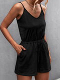 Momentlover Solid Color Pockets Drawstring Sleeveless Loose V-Neck Rompers