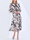 Momentlover Tied Split-Joint Printed Hollow Elasticity Puff Sleeves Loose Mock Neck Midi Dresses