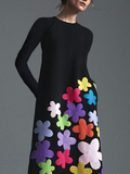 Momentlover Long Sleeves Asymmetric Floral Round-Neck Maxi Dresses