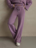 Momentlover Casual Long Sleeves Loose Solid Color Round-Neck Sweater Tops & Wide Leg Pants Two Pieces Set