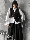 Momentlover Original Loose Lace-Up Hollow Sleeve Blouse+Black Vest+Wide Leg Pants Culotte Three Pieces Set