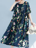 Momentlover Flower Print Short Sleeves Loose Round-Neck Midi Dresses