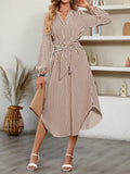 Momentlover Tied Waist Striped Puff Sleeves Loose V-Neck Shirt Dress Midi Dresses