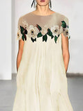 Momentlover Loose Short Sleeves Flower-Embellished Split-Joint Round-Neck Maxi Dresses