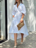 Momentlover High-Low Loose Solid Color V-Neck Maxi Dresses Midi Dresses