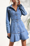 Momentlover Elegant Solid Patchwork Turndown Collar Long Sleeve Denim Dresses GJ6676