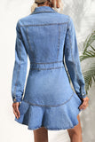 Momentlover Elegant Solid Patchwork Turndown Collar Long Sleeve Denim Dresses GJ6676