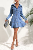 Momentlover Elegant Solid Patchwork Turndown Collar Long Sleeve Denim Dresses GJ6676