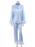 Momentlover Split-Joint Long Sleeves Buttoned Feathers Notched Collar Shirts Top + Pants Bottom Pajama Sets