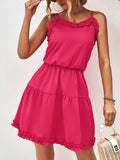 Momentlover Solid Color Falbala Sleeveless Loose Spaghetti-Neck Mini Dresses
