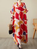 Momentlover Contrast Color Color-Block Raglan Sleeve Loose Round-Neck Maxi Dresses