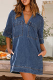 Momentlover Casual Simplicity Solid Pocket V Neck Short Sleeve Loose Denim Dresses YE9979