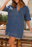 Momentlover Casual Simplicity Solid Pocket V Neck Short Sleeve Loose Denim Dresses YE9979