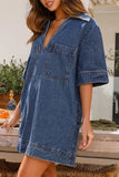 Momentlover Casual Simplicity Solid Pocket V Neck Short Sleeve Loose Denim Dresses YE9979