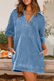 Momentlover Casual Simplicity Solid Pocket V Neck Short Sleeve Loose Denim Dresses YE9979