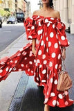 Momentlover Street Elegant Polka Dot Printing Off the Shoulder Printed Dress Dresses RH9526