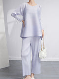 Momentlover Loose Pleated Solid Color High-Low Round-Neck T-Shirts  + Pants Two Pieces Set